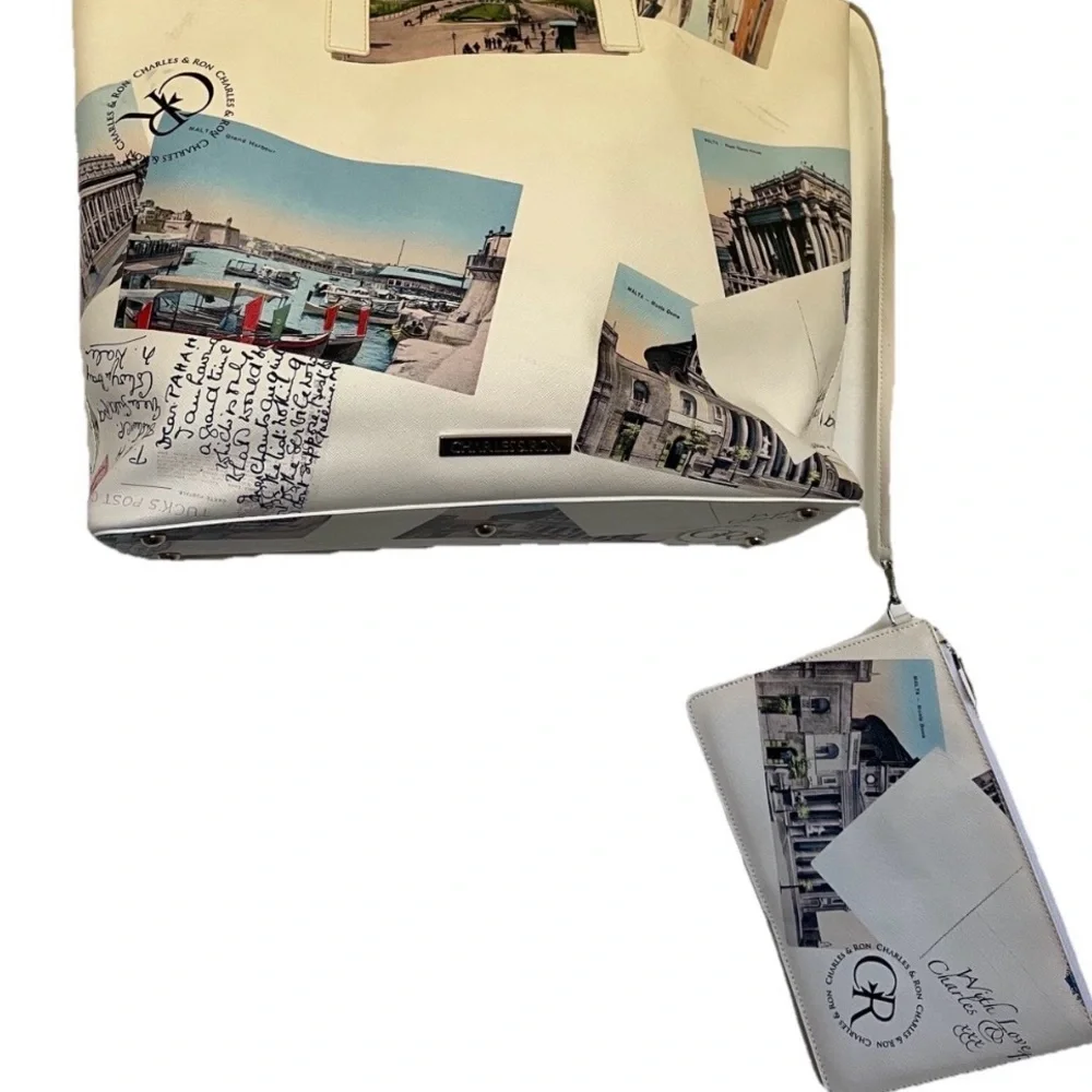 CHARLES & RON European POSTCARDS Print SHOULDER BAG Purse SET - Picture 10 of 16